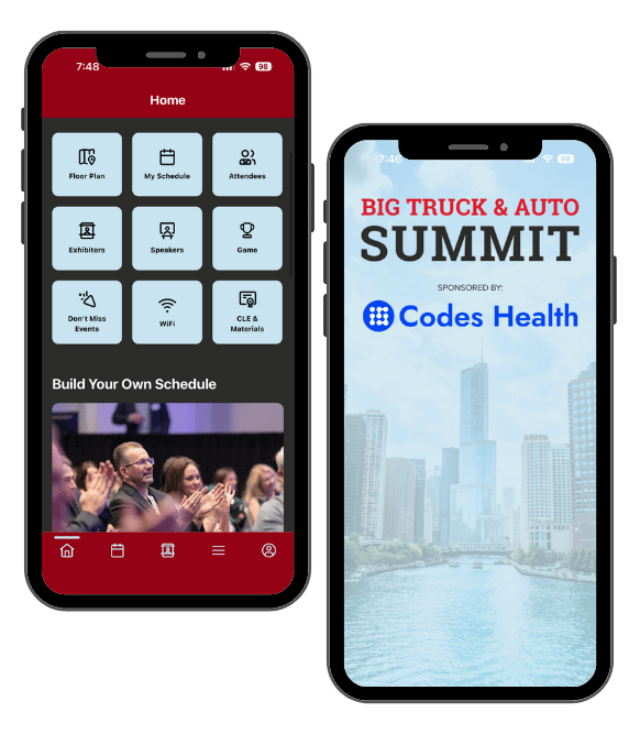 Two smartphone mockups showing the Big Truck & Auto Summit mobile app, with a home navigation screen on one phone and a sponsor-branded event splash screen on the other.