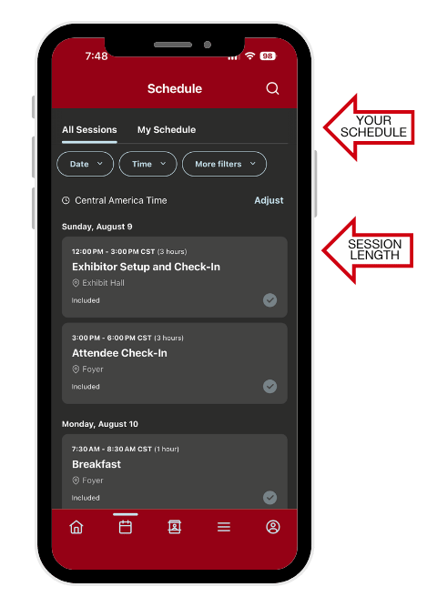 Smartphone mockup showing a conference app schedule screen with arrows pointing to the My Schedule tab and session length details.