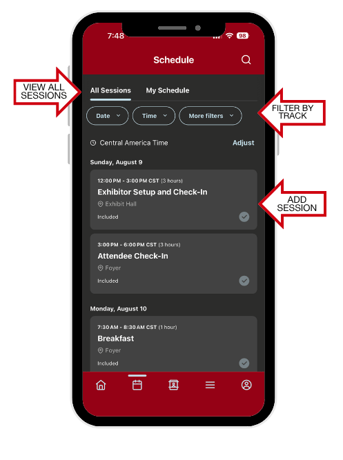 Smartphone mockup showing a conference app schedule screen with arrows highlighting all sessions, track filters, and the option to add a session.